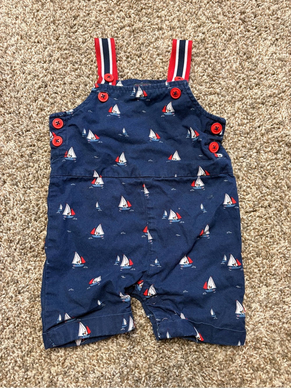 Frenchi Navy Sailboat Overalls with Red Strap Accents